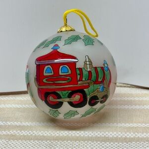 Santa Train Ornament Reverse Hand painted Glass Ball 3" with box
